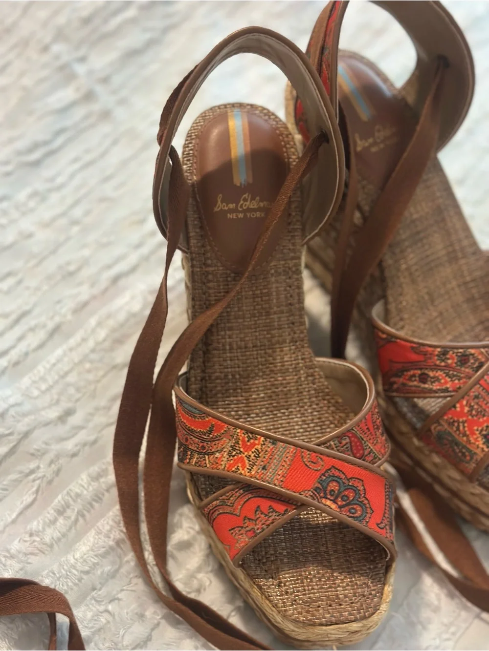 Sam Edelman Brown Ankle-Tie Wedge Sandals with Red Patterned Straps